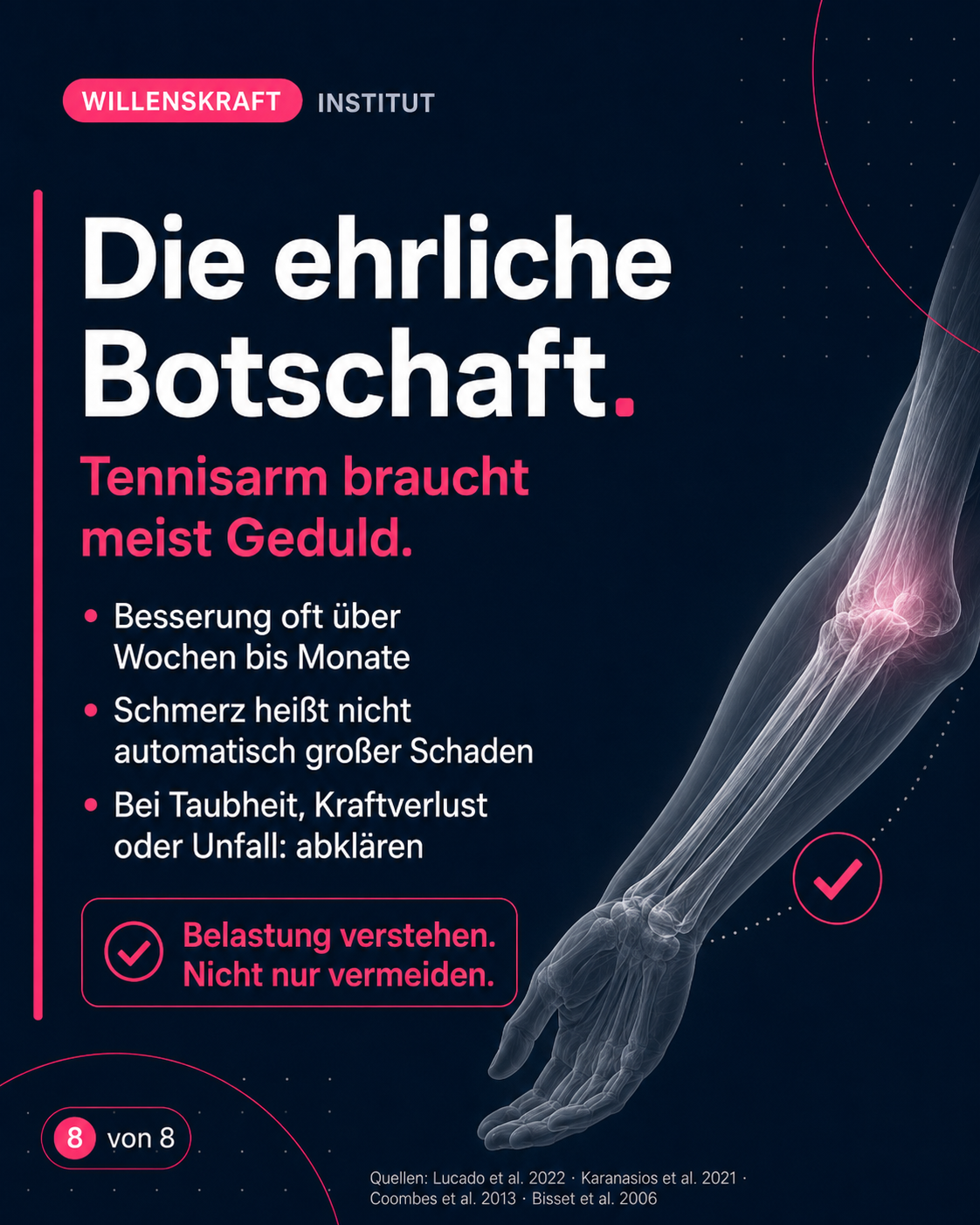 Die ehrliche Botschaft. Ein Tennisarm braucht meist Geduld. Eine Besserung dauert meist Wochen bis Monate. Schmerz heißt nicht gleich, dass ein großer Schaden vorliegt. Taubheit, Kraftverlust oder Unfall bedarf Abklärung!